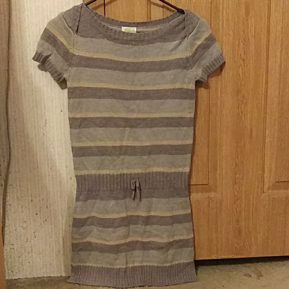 A grey striped with dark grey n tan dress